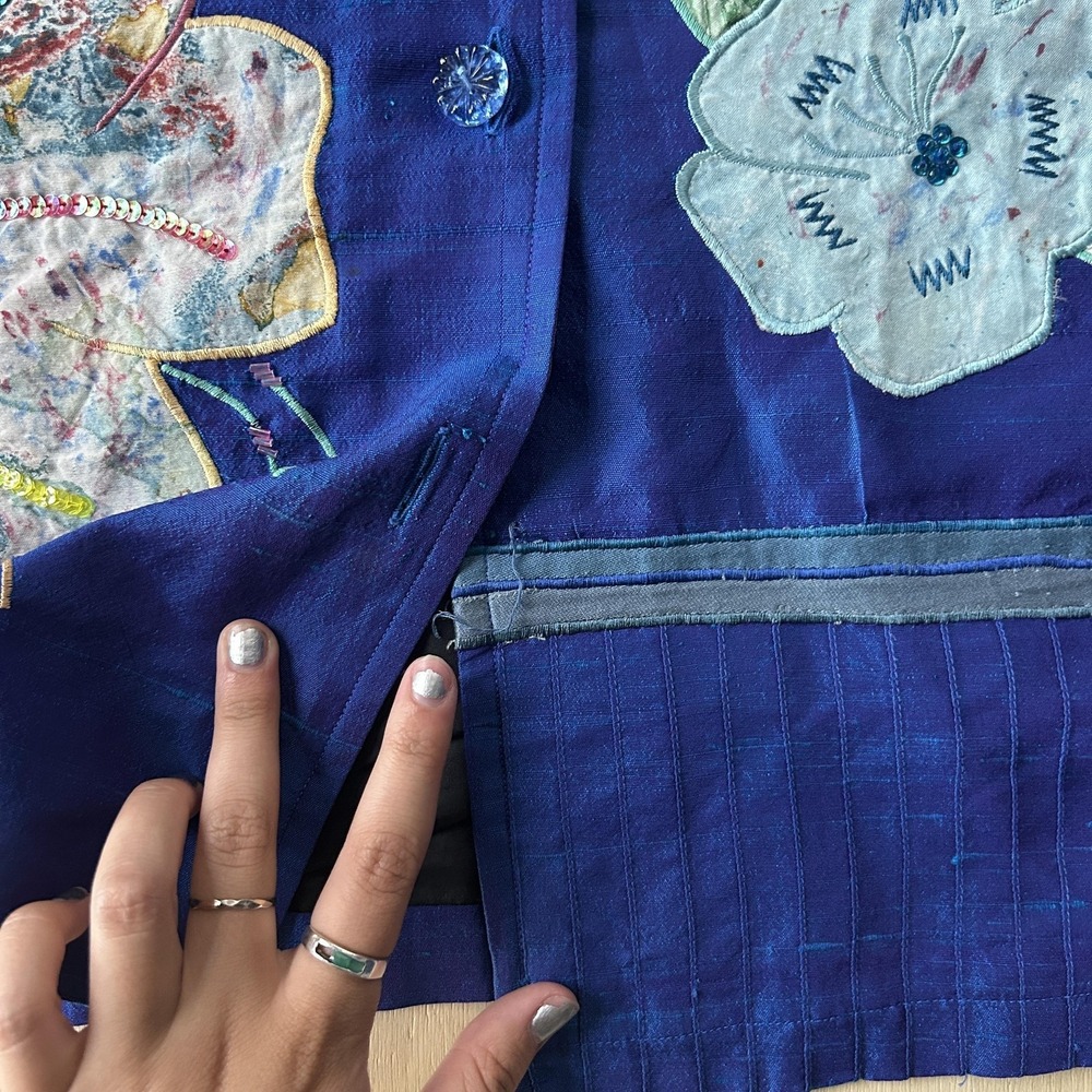 Y2K Indigo Moon Jacket Womens Small Blue Silk Blend Floral Beaded Embroidered - Picture 2 of 8